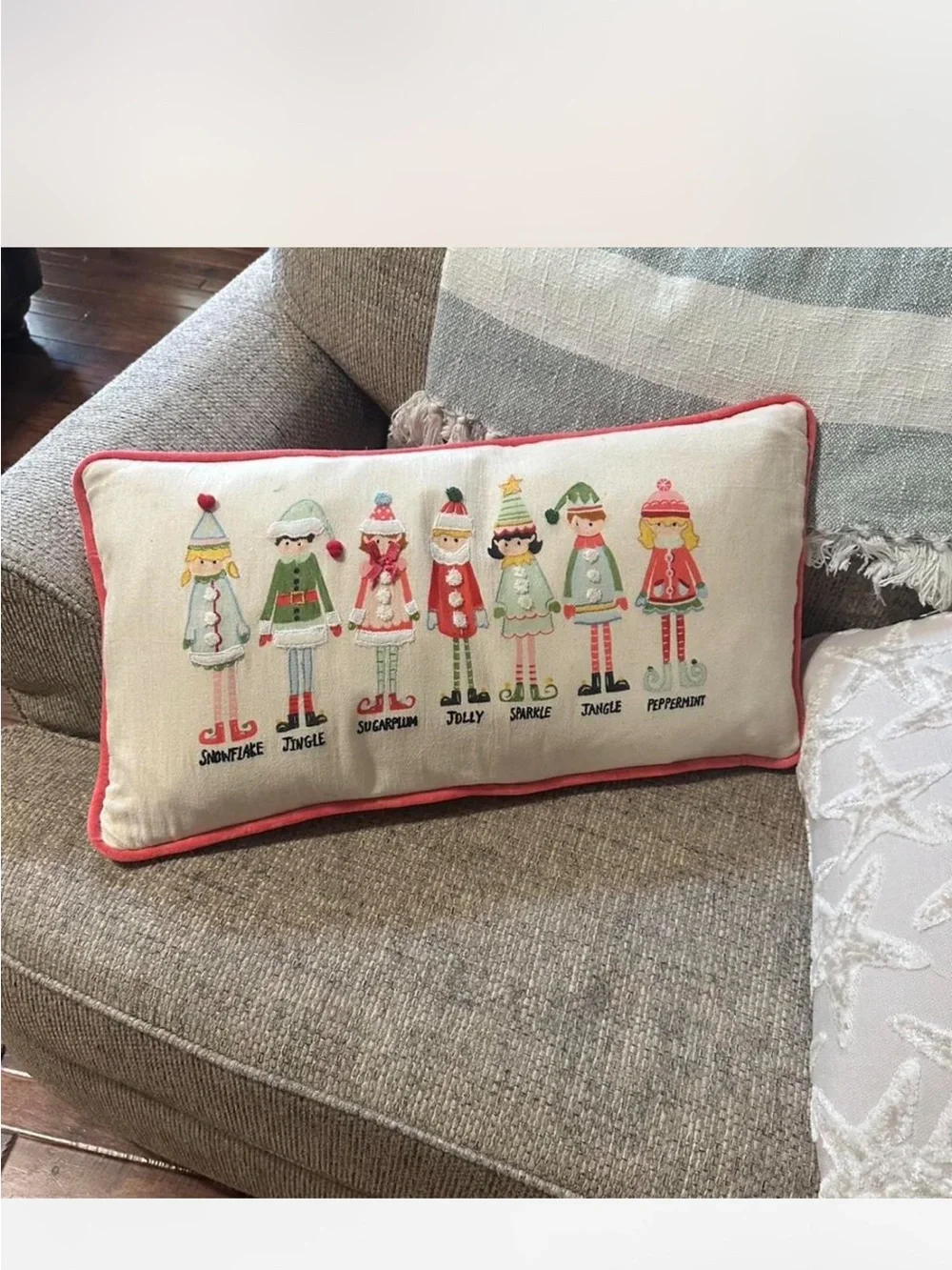Brand new creative co-op Holiday Characters Lumbar Pillow - Coral Trim